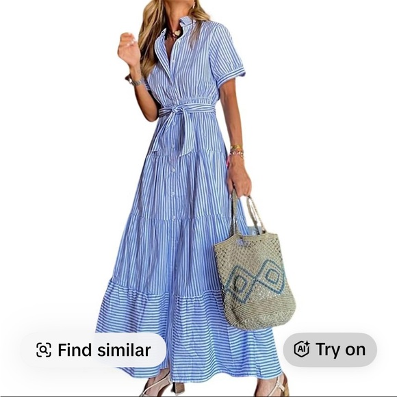 utcocco Dresses & Skirts - Striped Blue Tie-Waist Maxi Dress